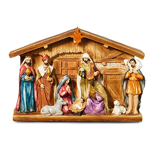 Glitzhome Lighted Resin Nativity Figurines House Countertop Christmas Ornaments Nativity Scene Figure Tabletop Crafts Statue Miniatures Xmas Collectibles Baby Jesus Gifts for Home Shelf Decor 12.5" - size: 12.5 x 8.5 Inches
