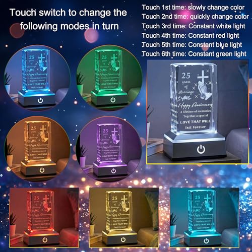 25th Wedding Anniversary Crystal Gifts for Couples with LED Base, Laser Engraved Happy Anniversary Keepsake Gift for Wife Husband, Marriage Gifts for Her Him - color: 25TH Wedding Anniversary