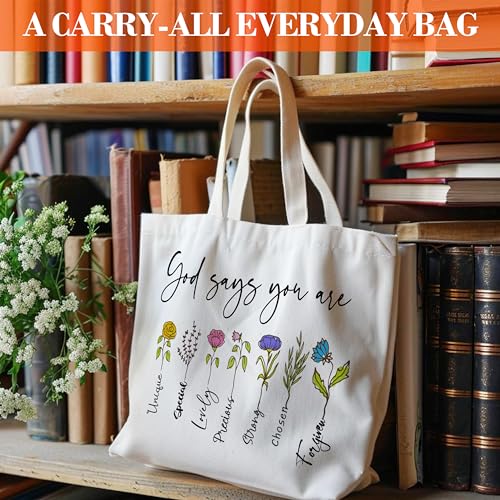 Inspirational Christian Canvas Tote Bag for Women, God Says You Are Unique Bible Tote, Bible Verse Religious Gift Bag, Floral Library Book Bag, Shoulder Bag Gifts for Women Friends Colleagues -26