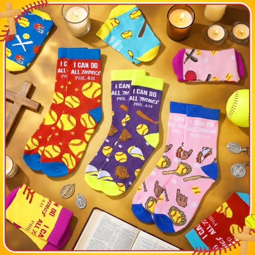 Suhine 12 Pairs Softball Bible Verse Socks Christian Softball Team Socks I Can Do All Things Religious Appreciation Gift Crew Cotton Birthday Sport Party Gifts for Women Men Sport Lovers Team Players