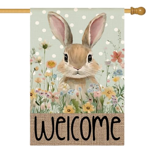 AVOIN colorlife Spring Easter Bunny Welcome House Flag 28x40 Inch - color: Blue, size: House Size-28 x 40"