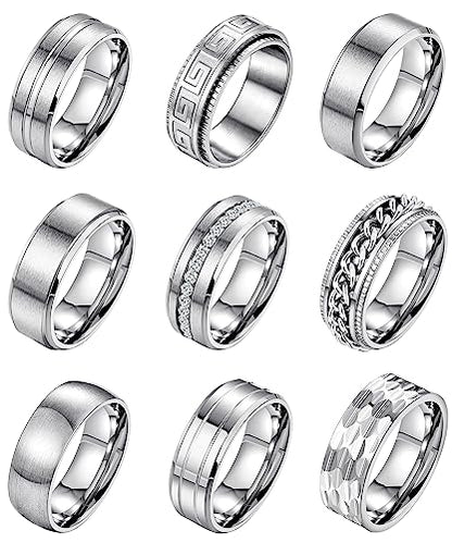 9Pcs 8MM Stainless Steel Band Rings for Men Women Chain Rings Simple Brushed Wedding Engagement Rings Set 7-13 - color: silver