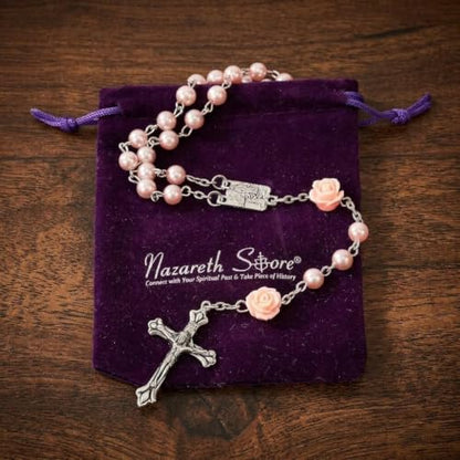 Nazareth Store Pink Pearl Catholic Rosary Necklace with 6mm Glass Beads Rose Mystery Our Lady of Lourdes Medal 1.6 Inch Crucifix 17 Inch