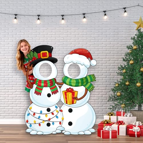 WovWeave Snowman Christmas Photo Booth Banner White with 2 Face Cutouts - style: Snowman
