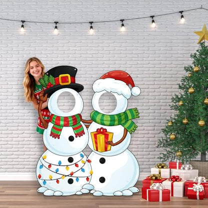WovWeave Snowman Christmas Photo Booth Banner White with 2 Face Cutouts - style: Snowman