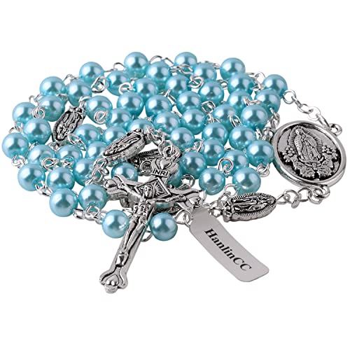 HanlinCC Guadalupe Catholic Rosary Glass Pearl Beads Necklace with Gift Box - color: Guadalupe Rosary Light Blue
