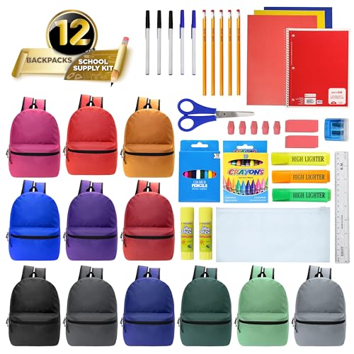 12 Pack 17" Bulk Backpacks with 50 Piece School Supplies Kits, 12 Colors - color: 12 Colors Asst, size: 50 Piece SS Kit