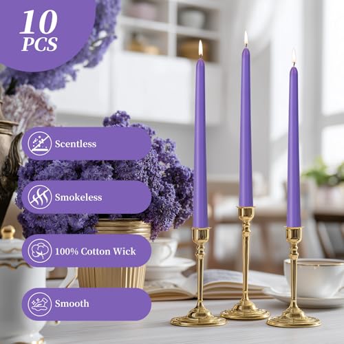 KONNI 0.87×10 Inch Violet Taper Candles, Unscented and Smokeless Tall Candlesticks, 10 Pack Tapered Candles with Cotton Wicks, Long Burning, Ideal for Weddings, Dinner Parties, and Home Décor - color: Violet
