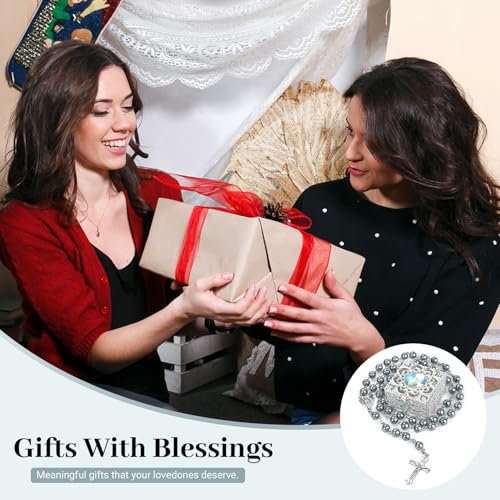 Silver Gray Pearl-Style Rosary Necklace with Metal Gift Box, 8mm, 22 Inch - color: Gray