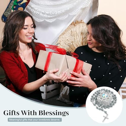 Silver Gray Pearl-Style Rosary Necklace with Metal Gift Box, 8mm, 22 Inch - color: Gray
