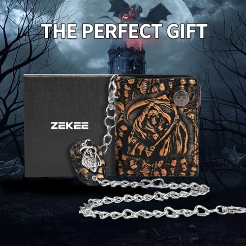ZEKEE Skull Gothic Chain Wallet Leather Punk Bifold Halloween Goth Accessories Unisex (Reaper's Clutch Gold) - style: Reaper's Clutch Gold