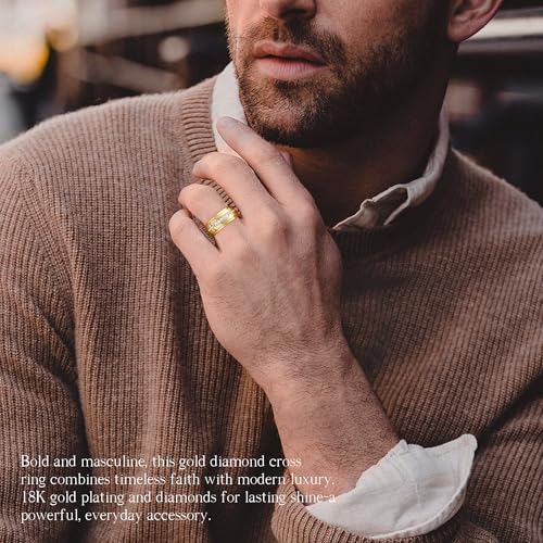 Mens Wedding Band, 18K Gold Plated Rings Non Tarnish Promise Rings For Him Lord's Prayer Cross Ring Father in Law Gifts Round Cut Anniversary Engagement Size 7-14 - size: 10
