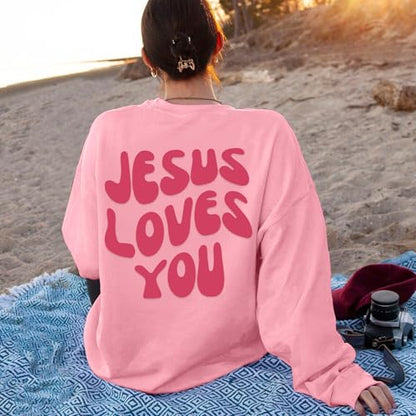 Christian Sweatshirts Women Jesus Loves You Sweatshirt Faith God Shirts Religious Hoodie Oversized Crewneck Pullover - color: Pink, size: Small