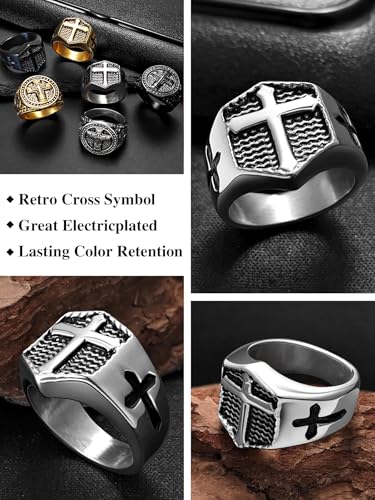 Christian Cross Rings for Men - Stainless Steel Jesus Jewelry with Celtic Knot Sides (Gold/Black/Silver) - Catholic Religious Gift, Size 7-13 - color: A-Silver-Cross