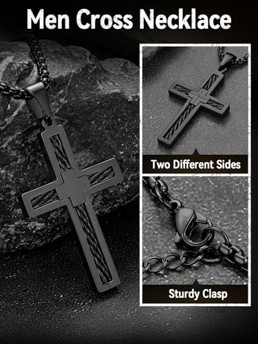 FaithHeart Stainless Steel Cross Necklace for Men, Silver/Black/Gold Cross Chains for Men Religious Amulet Necklaces Christian Gifts for Dad - style: Twist Cross-Black