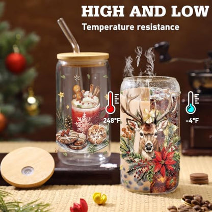Teenyyou 12 Sets of Christmas Glasses Cups with Bamboo Lid and Glass Straw 16 oz Vintage Christmas Glass Jar Winter Drinking Cups Santa Snowman Elk Coffee Cup for Women Men Xmas Holiday Party Gifts - style: Retro Christmas