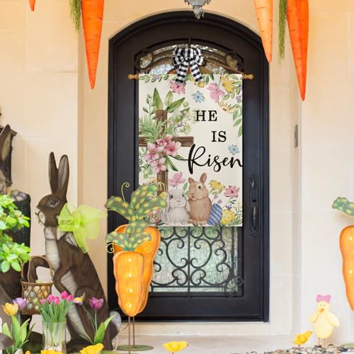 AVOIN colorlife Bunnies Cross He Is Risen Easter House Flag 28x40 Inch - size: House Size-28 x 40"