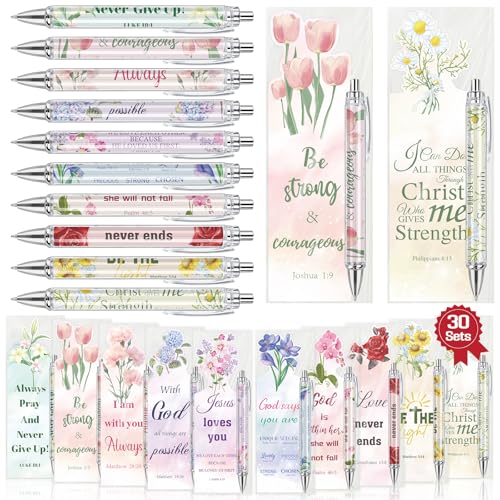 30 Sets Christian Bible Verse Pens Gifts Bulk with Bookmarks Inspirational Scripture Pens Religious Ballpoint Pen with Black Ink Floral Design for Prayers Women Church Gifts (Floral) - style: Floral