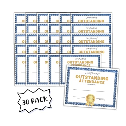 Outstanding Attendance Certificate 30pk 8.5x11” for The Year Perfect Adult Sunday School for Students Class On Time Punctuality Blue Border
