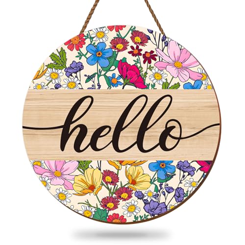 Whaline Vintage Floral Hello Wooden Hanging Sign Wildflower Welcome Wood Sign Spring Summer Flower Door Decor Wreath for Indoor Outdoor Farmhouse Home Porch Window Wall - style: colorful