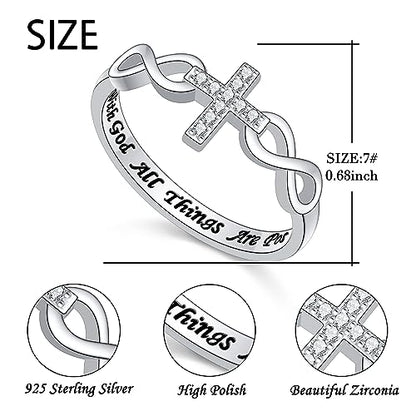 Alphm S925 Sterling Silver Christian Cross Infinity Inspirational Faith Bible Verse Ring for Women Teen Jewelry - size: 7