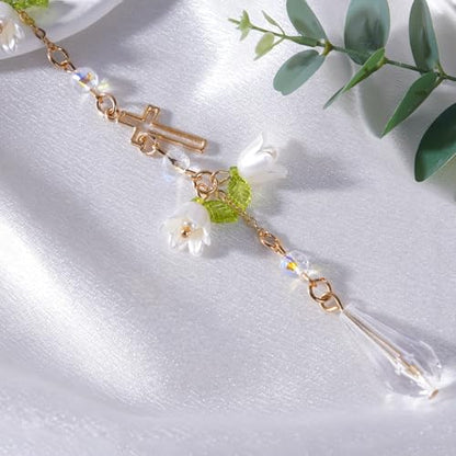 Cross Crystal Car Charm Lily Flower Beaded Mirror Hanging - style: Cross