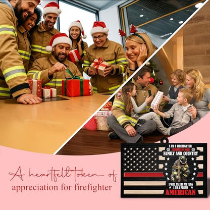 American Flag Firefighter Ornament 2025-2 Layer Wooden Firefighter Ornaments for Christmas Tree - Firefighters Christmas Hanging Decor - Firefighter Gifts for Men Woman Christian - Fireman Ornament