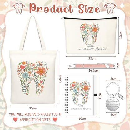Kinlop 5 Pcs Floral Tooth Dental Gift Set, Pink Bags Notebook Pen Keychain - color: Pink, style: Floral Tooth Dental