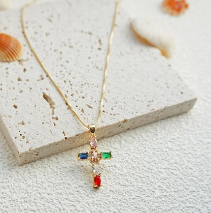 Gold Cross Necklace for Women, 14K Gold Plated - style: colorful zircon