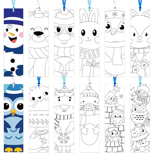 Haooryx Polar Animals Color Your Own Bookmarks - 72Pcs DIY Coloring Blank Bookmarks Funny Winter Penguins Owl Book Mark for Xmas Kids Party Supply Teacher Student Classroom Rewards Paper Art Craft Kit - style: Polar Animals-2