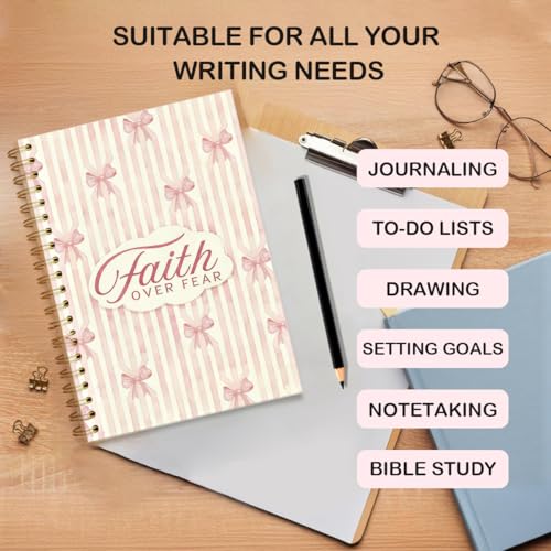 Christian Coquette Pink Bow Spiral Notebook 5.5x8.3 Inch, Faith Over Fear Lined Journal for School Work, Cute Bible Verse Gifts for Women Teen Girls - color: Faith