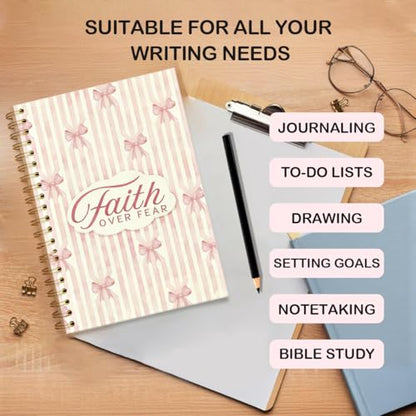 Christian Coquette Pink Bow Spiral Notebook 5.5x8.3 Inch, Faith Over Fear Lined Journal for School Work, Cute Bible Verse Gifts for Women Teen Girls - color: Faith