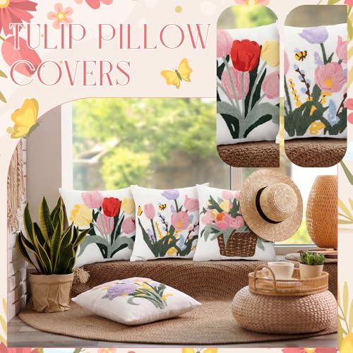 Mixweer 4 Pcs Mother‘s Day Gift Tulip Pillow Covers Set, 18 x 18 Inch Embroidered Spring Pillow Cases, Tulip Flowers Spring Style Square Throw Cushion Cover for Couch Sofa Bed Home Decoration - style: Tulip