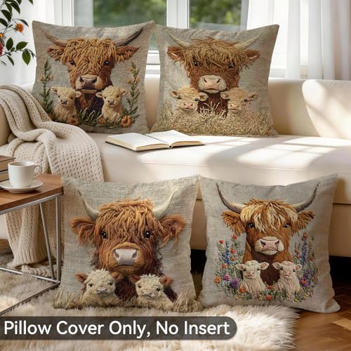 Gray Highland Cow Pillow Covers Set of 4, 18x18 Embroidery Style Decor - color: Highland Cow Gray, size: 18" x 18" (Pack of 4)