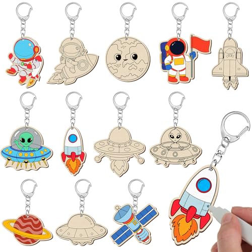 Trnayi 36 Pcs Outer Space Wood Keychain Color Your Own DIY Craft - style: Space