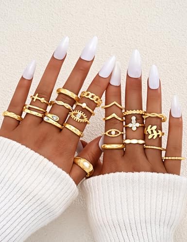 Gold Stackable Rings Set for Women, Gold Plated Chunky Crystal Finger Rings - color: Gold Eye