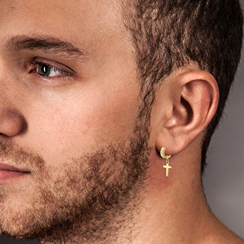 Cupimatch 3-6 Pairs Stainless Steel Cross Dangle Huggie Hinged Hoop Earrings for Men Women (1 Pair Silver Cross) for Mother's Day - color: Gold