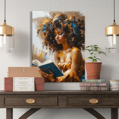 Framed Canvas Wall Art Reading Black Women Painting Print Abstract Poster Gallery Style Modern Figurative Picture 12x16 Inch Ready To Hang - color: Black women, size: 12x16 inch