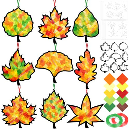 48PCS Fall Crafts Bulk: Leaves Paper Suncatchers DIY Kit for Autumn Thanksgiving Activities Decorations, Window Stained Glass Effect Art Supplies(Black,Style 2) - style: fall leaves black frame