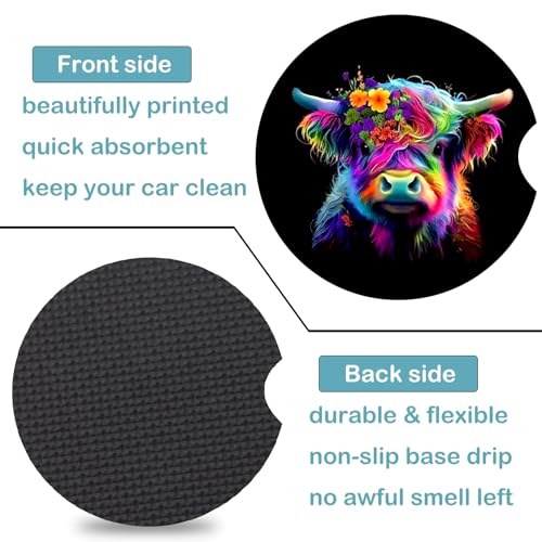 2 Pack Highland Cow Car Cup Holder Coasters Universal Neoprene Coasters - color: Colour Cow