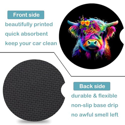 2 Pack Highland Cow Car Cup Holder Coasters Universal Neoprene Coasters - color: Colour Cow