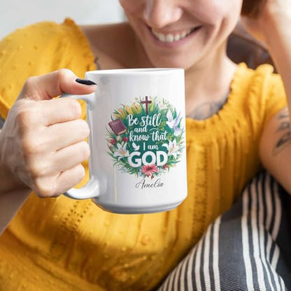 Custom Name Christian Religious Coffee Cup, Floral Wreath And Doves Design Mug, Personalized Christian Ceramic Cup 11oz 15oz, Bible Verse Accent Mug, Customized Christian Cup For Men Women - color: HOA-624-2164-THAT I AM GOD MUG