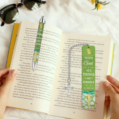 Gift Set Bible Verse Metal Bookmark Pen, Scripture Marker for Women Men - style: Religious Green