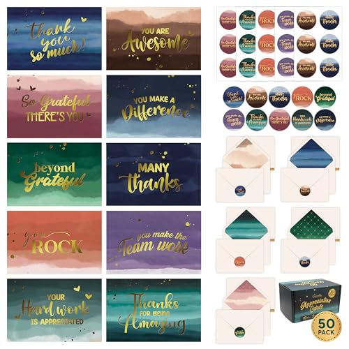 Decorably 50 Pack Gold Foil 6x4in Watercolor Thank You Cards with Envelopes