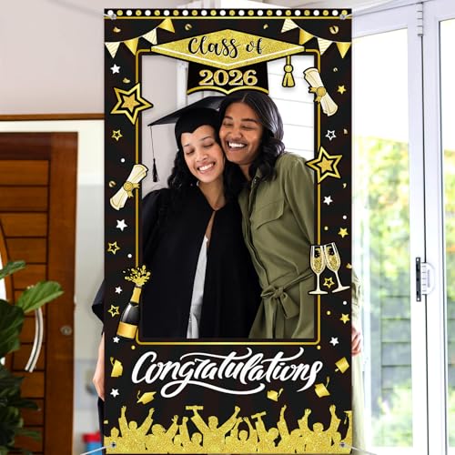WovWeave Class of 2026 Graduation Photo Booth Props Frame 71x39 Inch - Black and Gold Graduation Decorations Backdrop Large Congratulations Banner for High School College Party Selfie Background - style: Black Gold Grad
