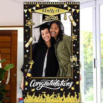 WovWeave Class of 2026 Graduation Photo Booth Props Frame 71x39 Inch - Black and Gold Graduation Decorations Backdrop Large Congratulations Banner for High School College Party Selfie Background - style: Black Gold Grad