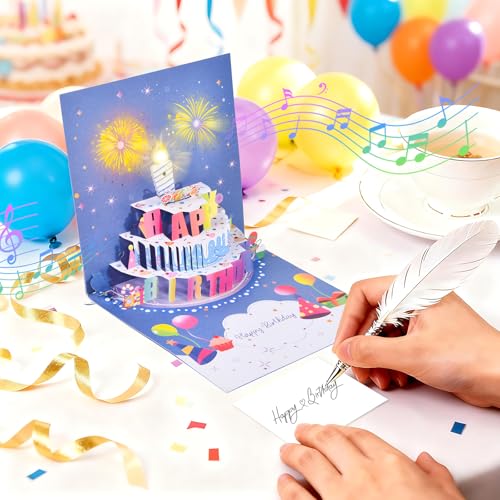 3D pop-up music birthday card - LED Light Cake Greeting Card - color: Cake - Grey Blue