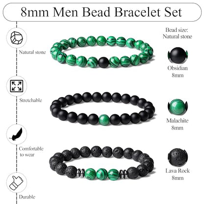 Mens Beaded Bracelets, 8MM Beaded Bracelets for Men, Natural Tiger Eye Bead Bracelet, Stretch Elastic Beads Bracelets for Men - color: 3 malachite black volcanic