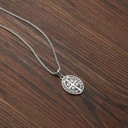 St Benedict Exorcism Medal Necklace for Men Catholic Cross Pendant - color: Silver-2