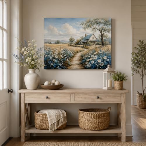 Farmhouse Landscape Framed Canvas Wall Art Wildflower Picture 12x16 Inches - color: Farmhouse Landscape, size: 16"L x 12"W